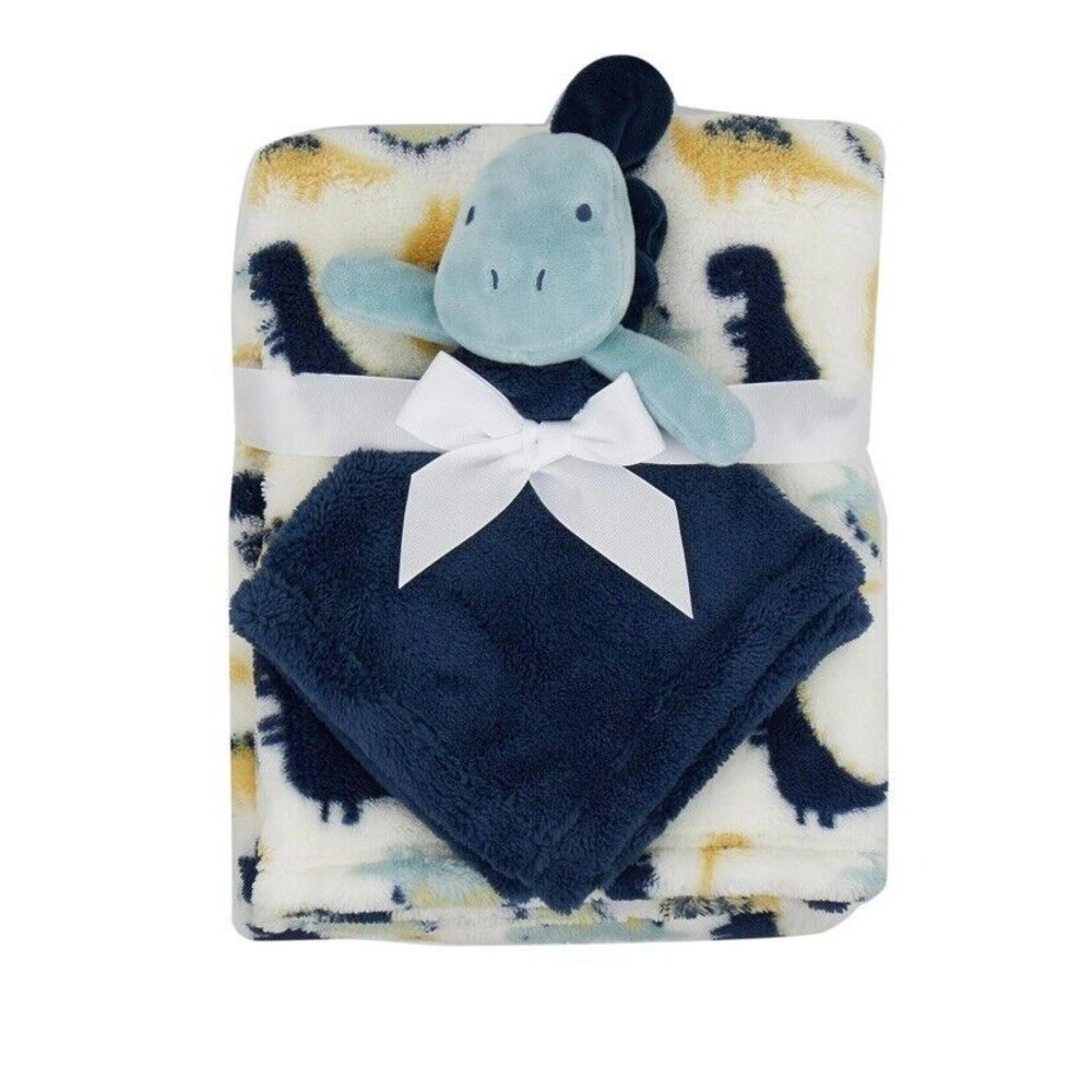 Baby Gear Dinosaur Baby Blanket Set Navy Blue Dino Plush Lovey Boys New